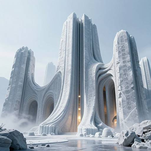 Photograph of a futuristic, ice-like architectural structure with intricate carvings and glowing lights, set in a snowy, misty landscape.