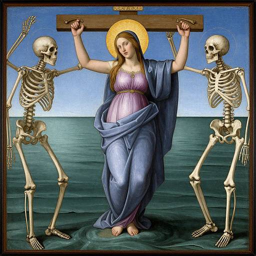 Digital artwork of a pregnant Mary with a halo, crucified between two skeletal figures, arms outstretched, by a wooden cross. Blue ocean background