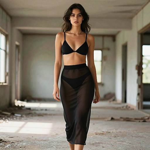 Photograph of a slender, dark-haired woman in a black bralette and sheer black skirt, walking in a dilapidated, sunlit, abandoned