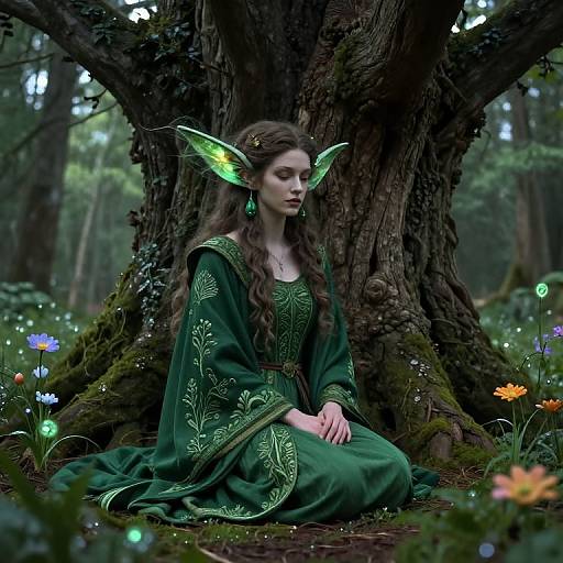 Fantastical forest photograph of a fair-skinned, long-brown-haired woman with green glowing fairy wings, dressed in an ornate green gown,