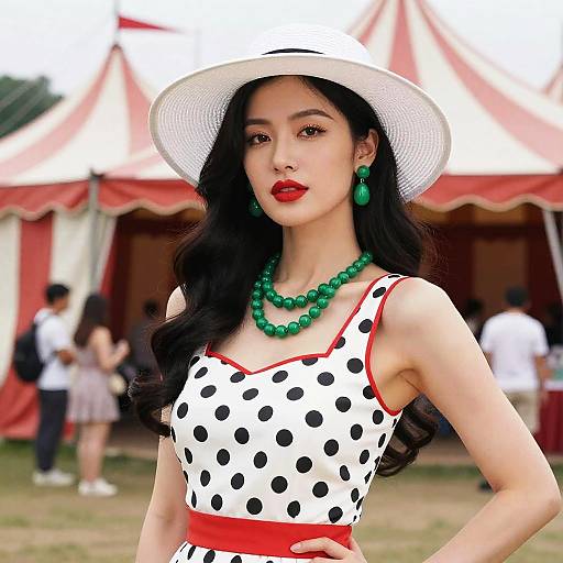 Asian woman with long black hair, red lipstick, green bead necklace, white polka dot dress, white hat, green earrings, stands in front of