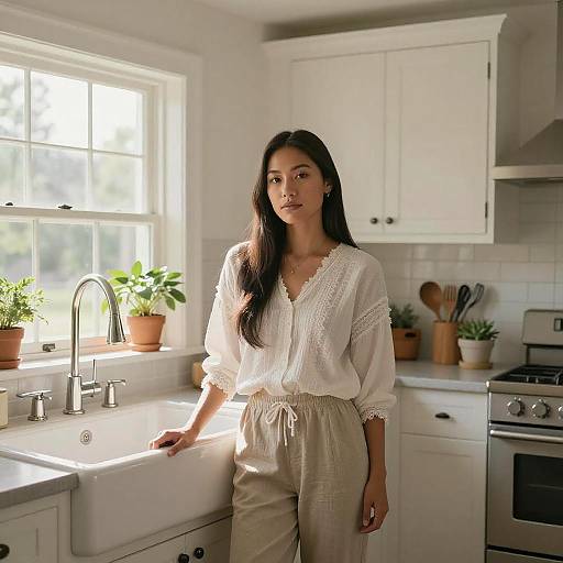 Photograph of an Asian woman with long black hair, wearing a white lace blouse and beige pants, leaning against a sunlit kitchen sink.