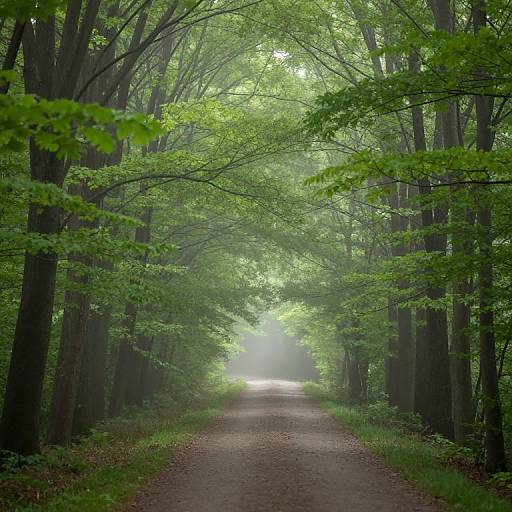 Photograph of a misty, green-leafed forest path, flanked by tall trees, creating a serene, tunnel-like effect with soft,