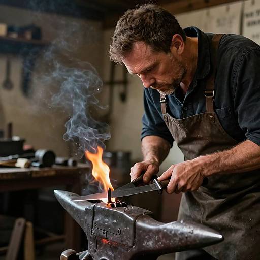 Photograph of a bearded blacksmith with a brown apron, focusing intently as he hammers metal on a glowing, fiery anvil in