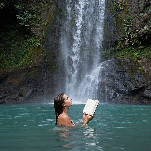 Photograph of a woman with wet, dark hair, holding a book, standing in turquoise pool, gazing at cascading waterfall.