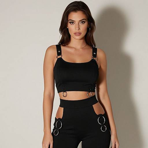 Photograph of a brunette woman with long hair, wearing a black crop top and matching high-waisted pants with silver rings, standing against a plain