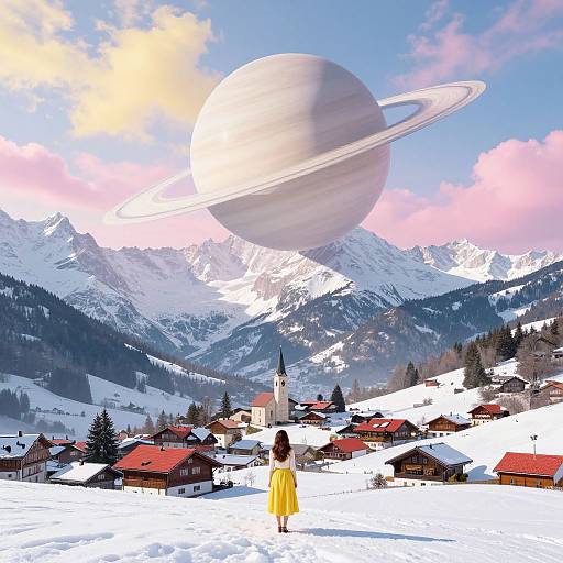 Digital art: Snowy alpine village with red-roofed houses, church, and lone woman in yellow dress facing giant Saturn-like planet in sky