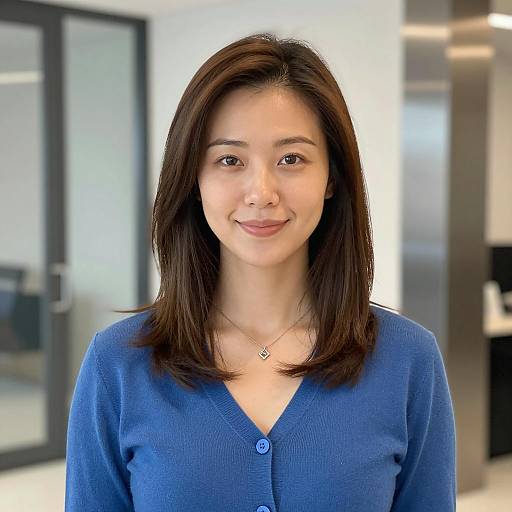 Smiling Woman in Blue Cardigan Indoors