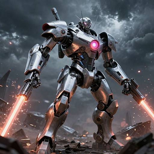 Photorealistic CGI of a silver, glowing-eyed, robotic warrior with two flaming guns, standing in a dark, stormy, war-torn landscape