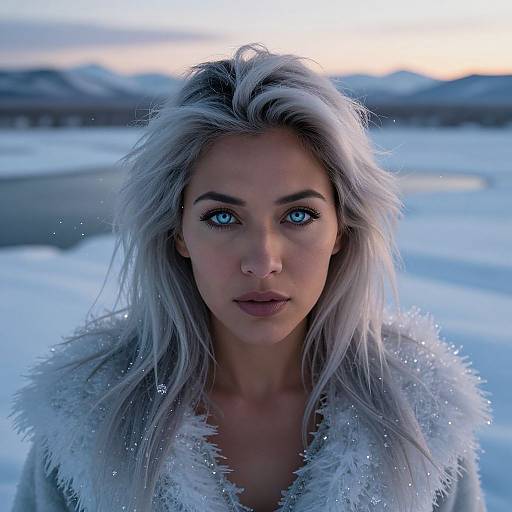 Photograph of a striking woman with silver hair, piercing blue eyes, and white fur coat, standing in a snowy landscape at sunset.