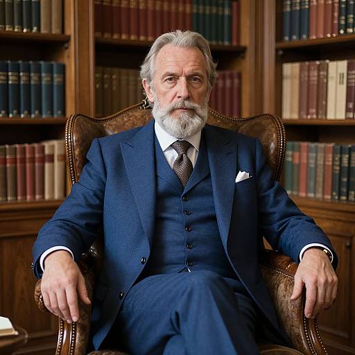 Photograph of an older white man with gray hair and beard, wearing a navy three-piece suit, sitting in a wooden library chair with bookshelves