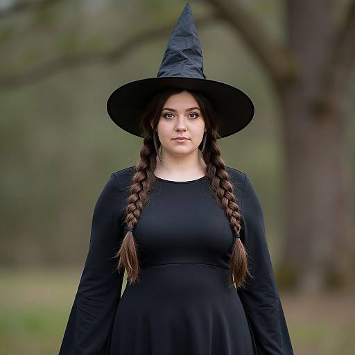 Photograph of a young woman with fair skin, dark brown hair in braids, wearing a black witch hat and long-sleeve dress, standing