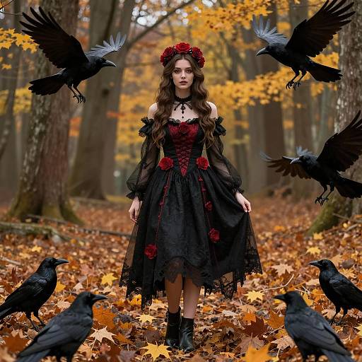 Gothic Woman in Autumn Forest with Ravens