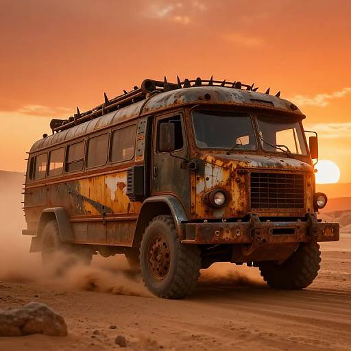 Photograph of a rugged, rusted, off-road bus with large tires, driving through a dusty desert at sunset, with an orange and red sky