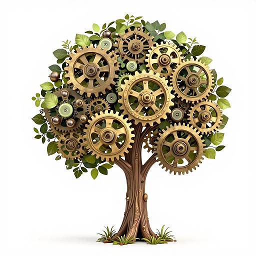 Digital illustration of a tree with brown, wooden trunk and branches, adorned with interlocking brass gears and green leaves.