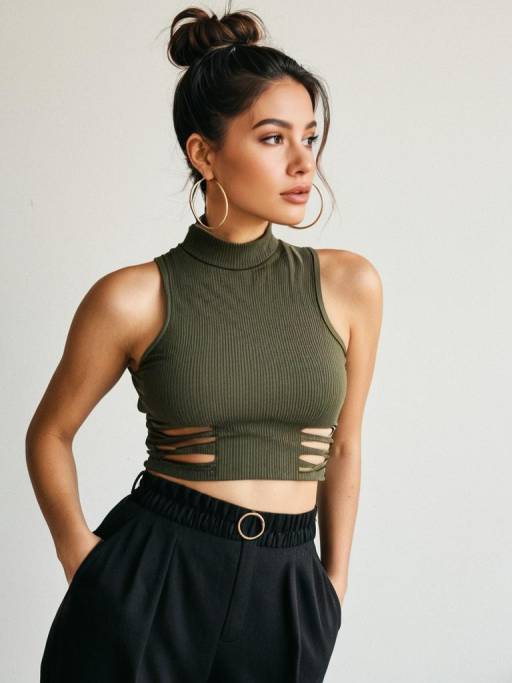 Woman in Olive Green Crop Top and Black Pants