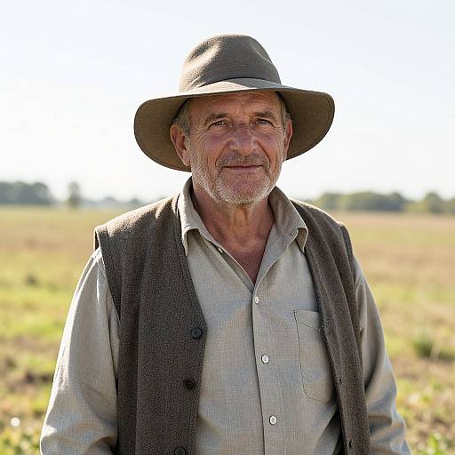Photograph of an elderly, smiling man with a gray beard, wearing a wide-brimmed hat, light shirt, and brown vest, standing in