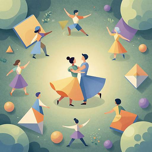 Digital illustration of diverse dancers in colorful dresses and shorts, mid-dance, surrounded by geometric shapes and colorful orbs, under a glowing spotlight.