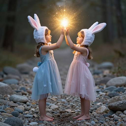 Photograph of two barefoot girls in white bunny ears and pastel dresses, touching hands to create a bright, sparkling light on a rocky forest path