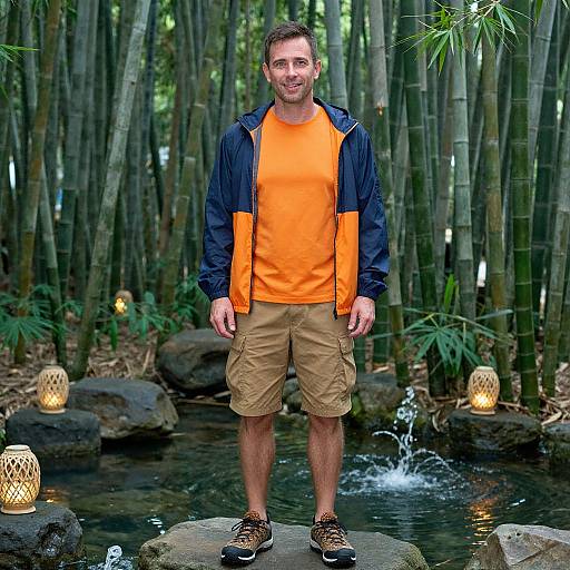 Man in Vibrant Hiking Gear in Bamboo Grove
