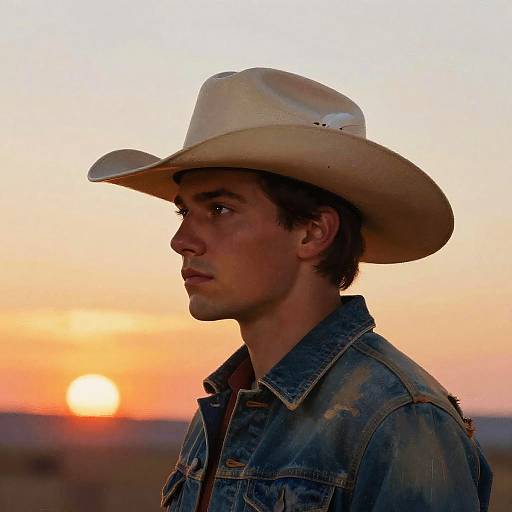 Photograph of a young Caucasian man in profile, wearing a white cowboy hat and denim jacket, against a sunset sky with the sun low on the horizon