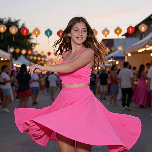 Photograph of a smiling young woman with long brown hair, wearing a bright pink crop top and skirt, twirling in a lively outdoor market at dusk
