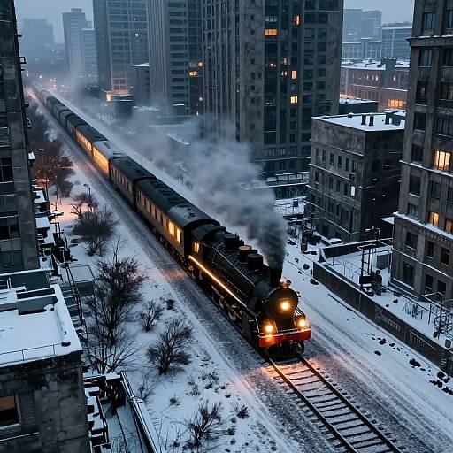 Psychedelic Steam Train Over Brutalist City