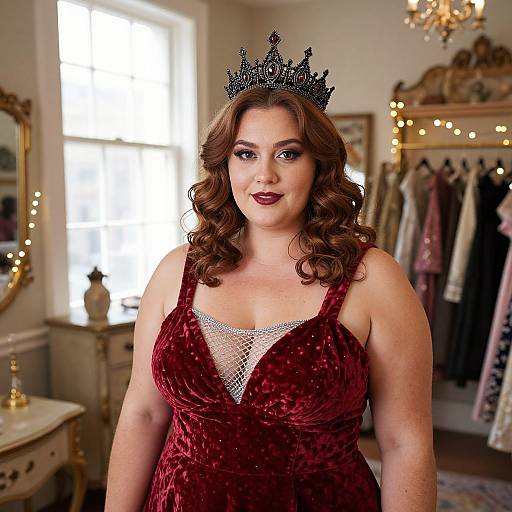 Photograph of a curvy woman with fair skin, brown wavy hair, and deep red velvet dress, wearing a black ornate crown, standing