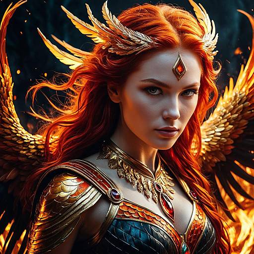 Mythical Phoenix Queen with Fiery Hair and Golden Wings