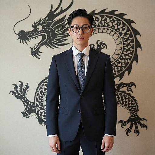 Stylish Businessman with Dragon Wall