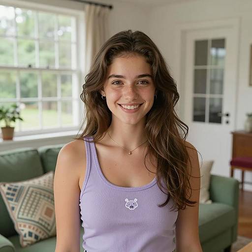 Charming Young Woman in Cozy Living Room