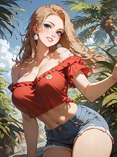 Smiling Woman in Red Crop Top and Denim Shorts