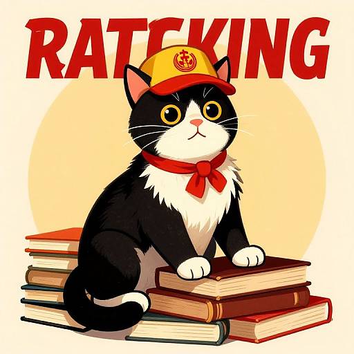 Cartoon black-and-white cat with yellow eyes, red neckerchief, and yellow-red cap, sitting on stacked books, with 
