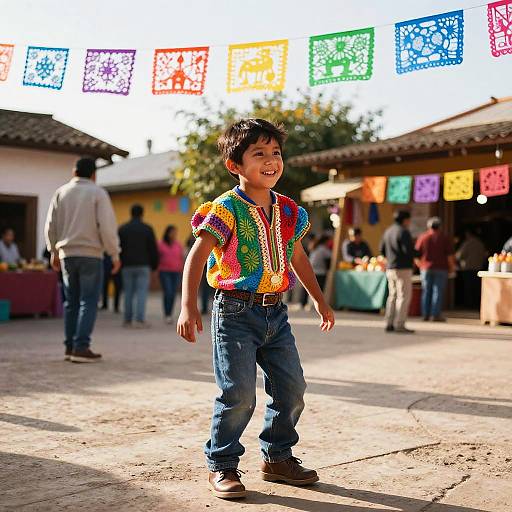 Photograph of a smiling young boy with dark hair, wearing a colorful, patterned shirt and blue jeans, walking in a sunny, festive village market