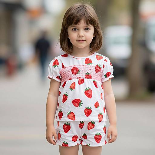 Photograph of a young girl with brown hair, wearing a white strawberry-print dress and shorts, standing in a blurred urban street.