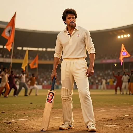 Photograph of a serious Indian cricket player in white uniform standing on the field with bat and leg pads, stadium background, sunset lighting, orange flags,