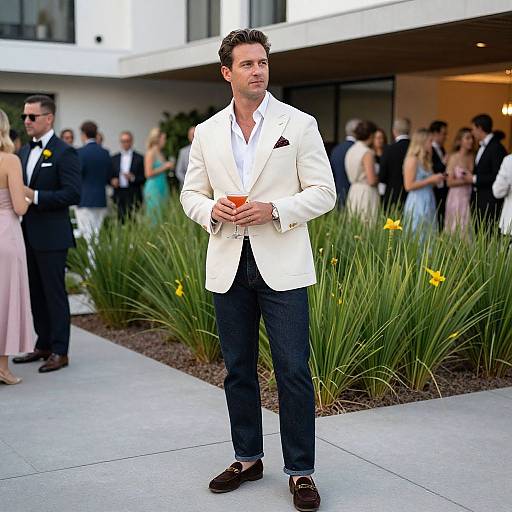 Photograph of a handsome man in a white blazer, black pants, and brown loafers, holding a cocktail, standing outdoors at a formal event
