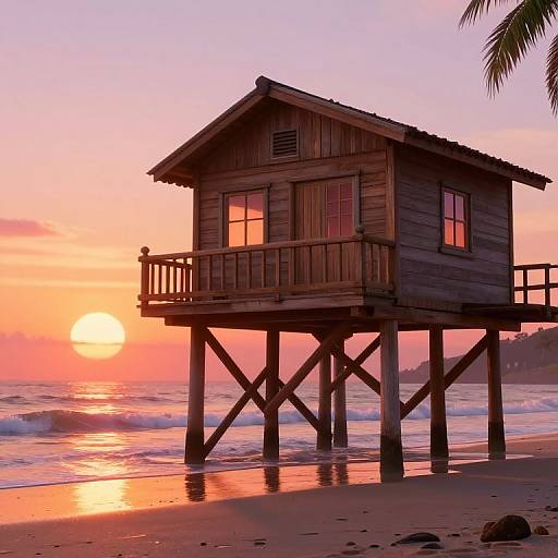 Photograph of a wooden stilt house at sunset on a beach, with a pink-orange sky, reflected sun, and gentle waves.