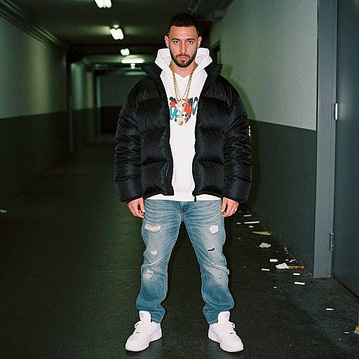Photograph of a muscular, bearded man with light brown skin, wearing a black puffer jacket, white hoodie, ripped jeans, and white sneakers