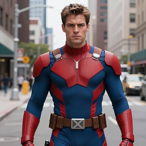 Male Superhero in Blue and Red Armored Suit on Urban Street