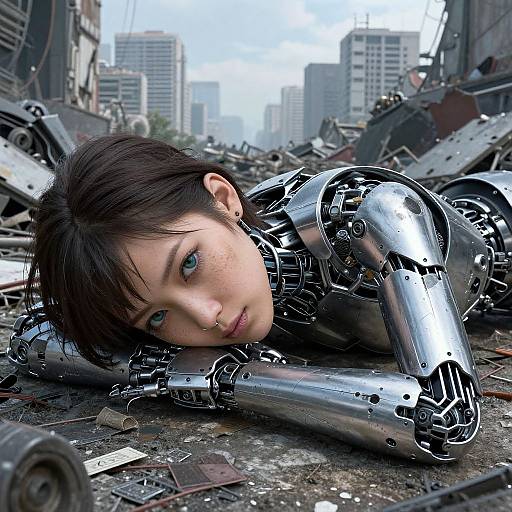 Photorealistic CGI: Female robot with short black hair, blue eyes, and metallic limbs lies among urban ruins with shattered buildings and debris in the background