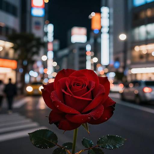 Nighttime Tokyo Cityscape with Red Rose