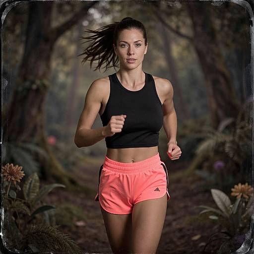 Photograph of a fit, muscular woman with light brown skin and dark brown hair in a black tank top and bright orange shorts, running through a lush