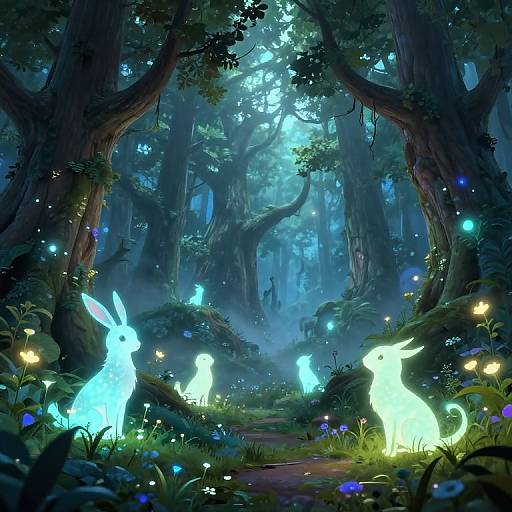 Digital fantasy artwork of glowing blue and green luminescent rabbits in a mystical, enchanted forest with bioluminescent fireflies and misty blue lighting