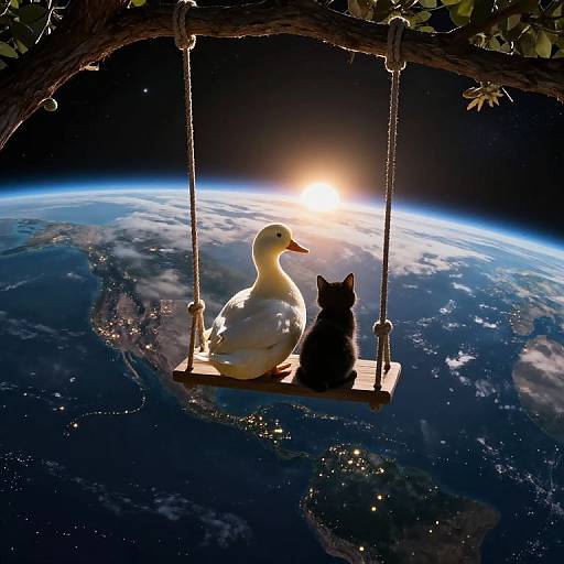 Photograph of a white duck and black cat sitting on a wooden swing, suspended from a tree branch, with a glowing sunset over Earth in the background