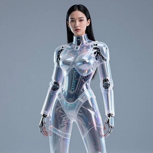 CGI image of an East Asian woman with long black hair in a shiny, metallic silver robotic bodysuit, standing against a plain gray background.