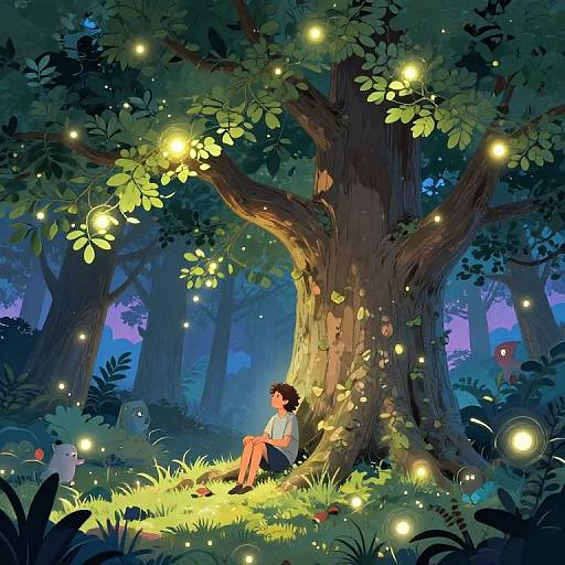 Dreamer Beneath Glowing Ancient Tree