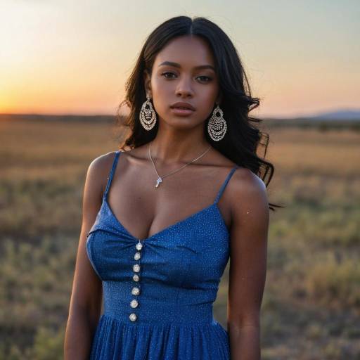 Elegant woman in blue dress at sunset