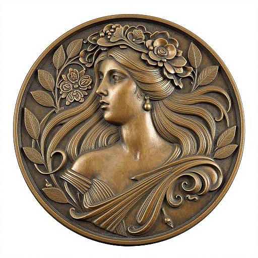 Circular bronze relief of a classical-style woman with flowing hair, floral crown, and off-shoulder garment, surrounded by detailed leaves and flowers.