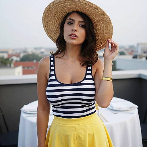 Photograph of a young woman with medium skin tone, wearing a straw hat, black-and-white striped tank top, and yellow skirt, standing on a